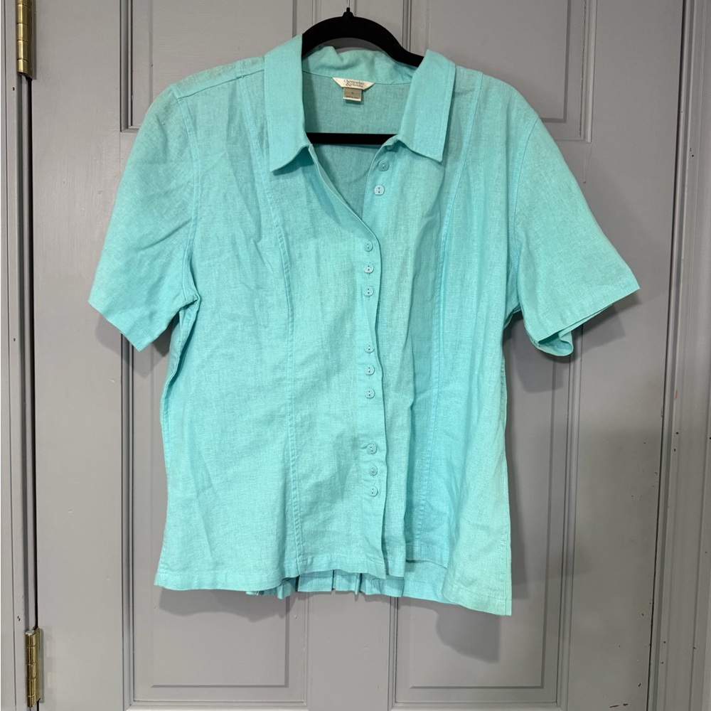 Vintage linen blend Women's Aqua Button-Up Shirt